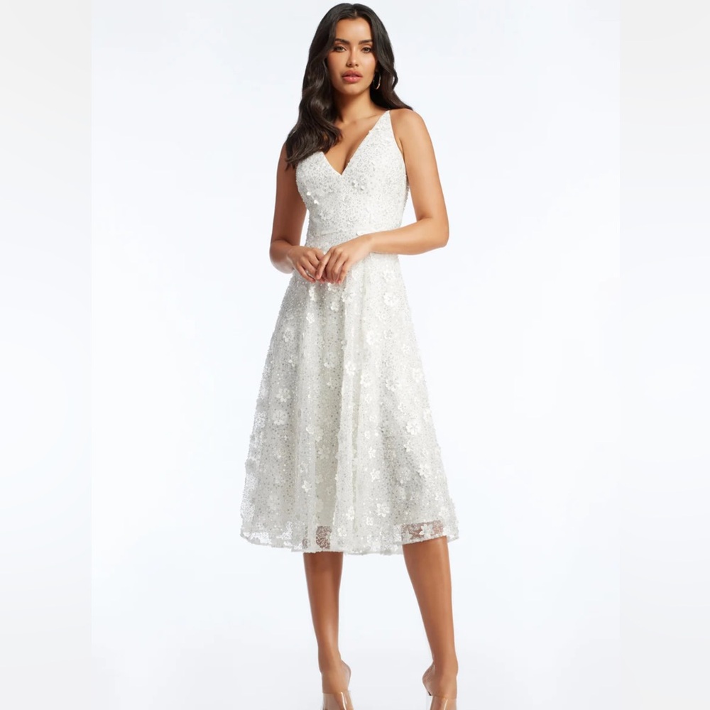 Dress the Population Elisa Floral Appliqué Sequin Fit & Flare Dress, White